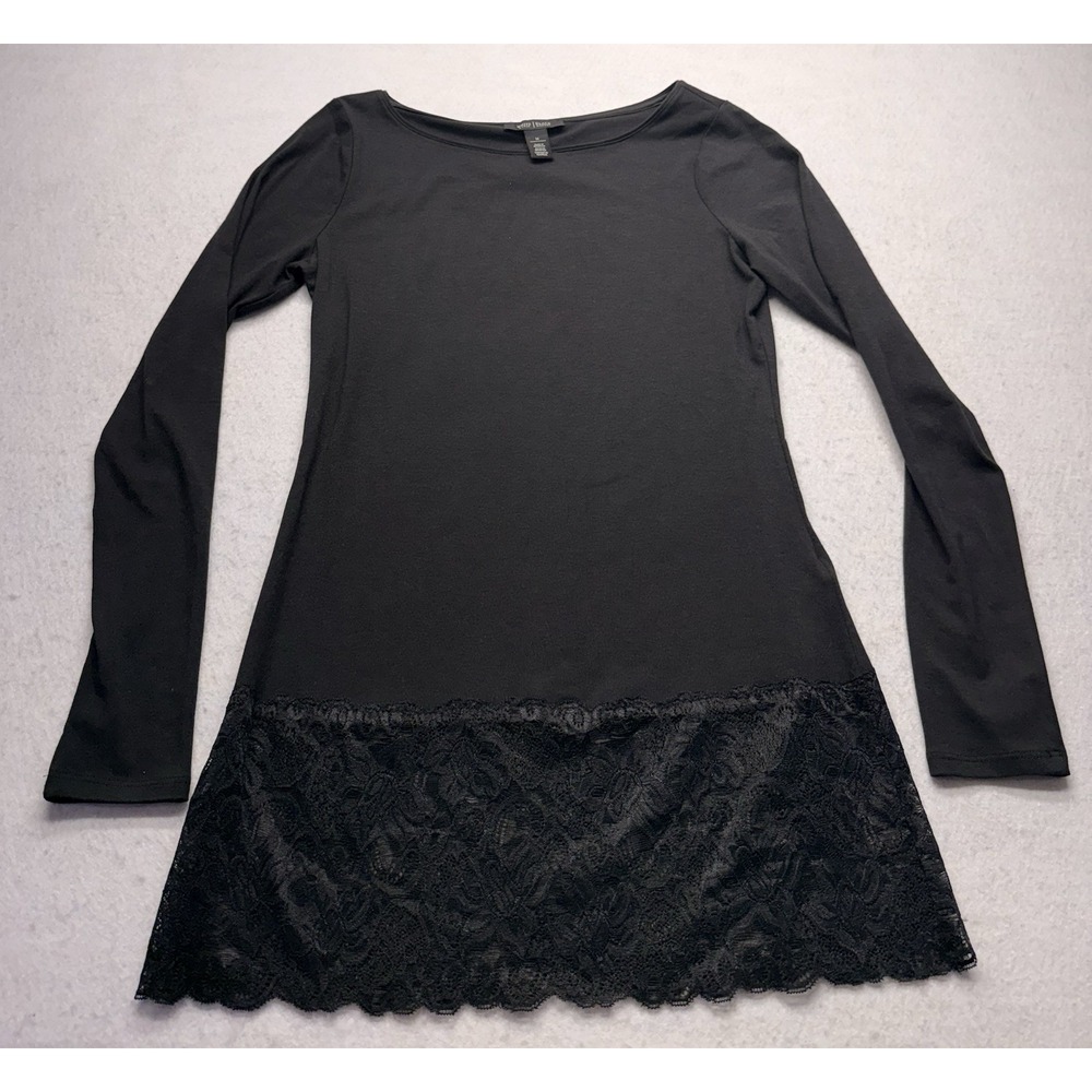 White House Black Market Lace Hem Long Sleeve Tunic Top Size Medium Black